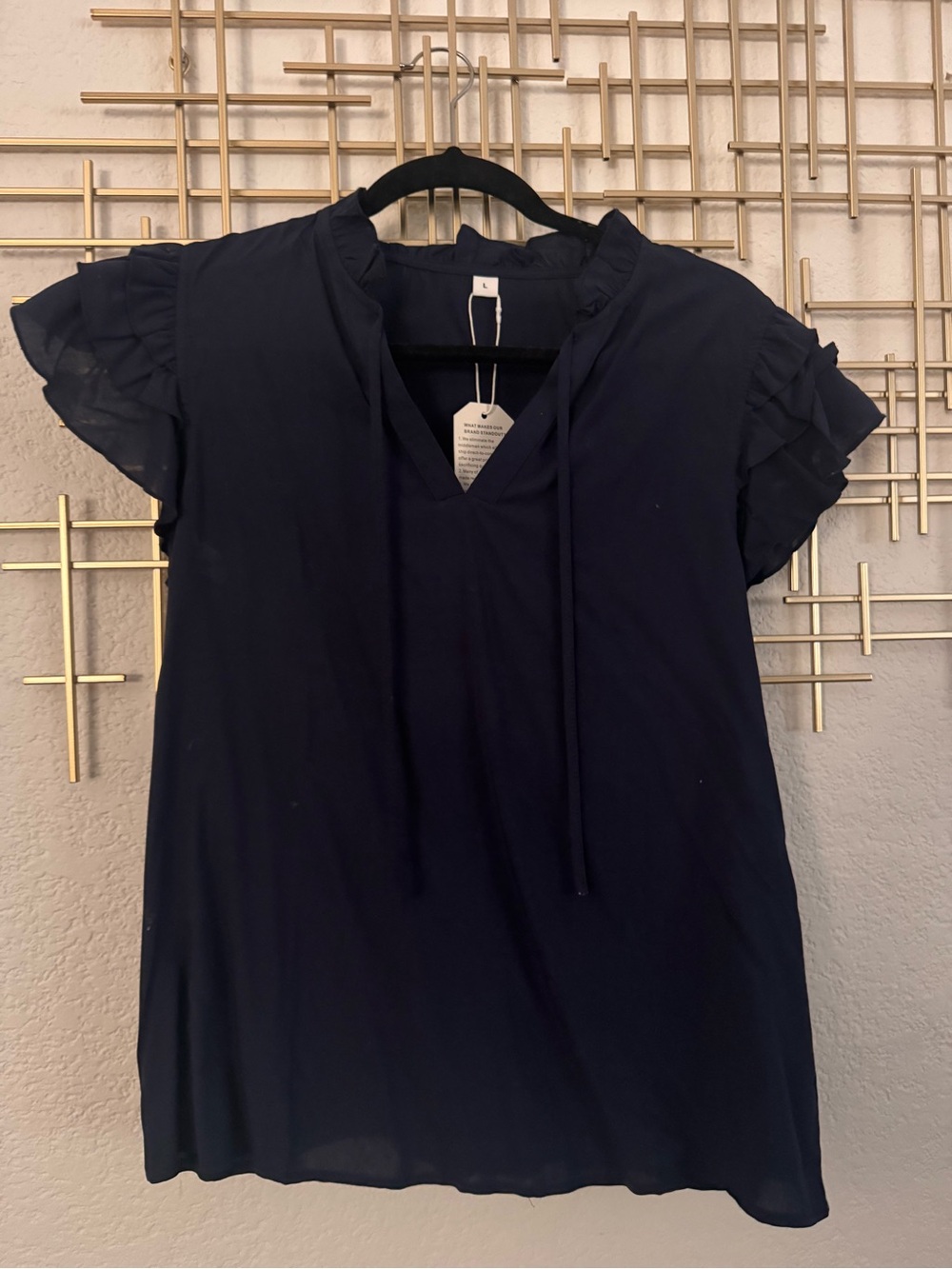 NWT: Navy Ruffle-Sleeve V-Neck Blouse with Tie